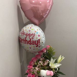 Hello Kitty — Buque con Peluche, Globos y Rosas Rosadas