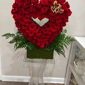 My Heart Is Yours heart-shaped arrangement with red roses and a white floral heart in the center